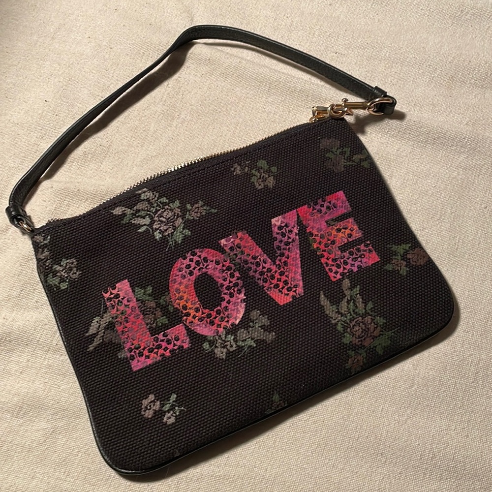 Coach Love clutch,black w/pink letters,2 card inserts,1 zipper pocket